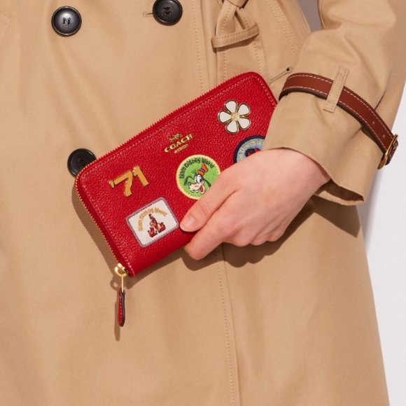 NWT Disney X Coach Accordion Zip Wallet Patches Metal Red Leather Mickey Minnie main image 3